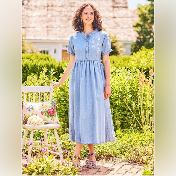 April Cornell Dresses & Skirts - April Cornell Floral Embroidered Denim Midi Dress Cottagecore Light Wash Size L